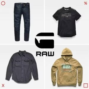 Vier G-Star RAW Kleidungsstücke – Jeans, T-Shirt, Hemd und Hoodie – um das G-RAW-Logo angeordnet