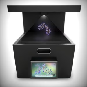 Schwarze Hologramm-Vitrine mit schwebender Moleküldarstellung und Touchscreen im Sockel