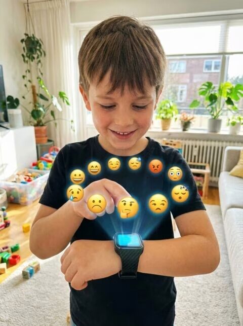 Junge wählt auf seiner Smartwatch ein Emoji für seine Stimmung aus der schwebenden Auswahl