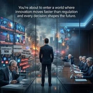 Intromotiv der Krisensimulation: Verantwortlicher blickt im Konferenzraum auf Bildschirme mit Schlagzeilen zu Datenpanne und Regulierung