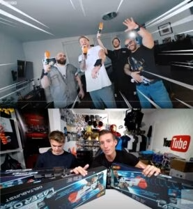 Influencer beim Laser-Tag-Spiel und bei der Vorstellung der Laser Ops Delta Burst Blaster auf YouTube