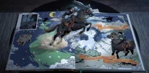 Aufgeschlagenes Pop-up-Buch mit dreidimensionaler Illustration eines Reiters bei Nacht