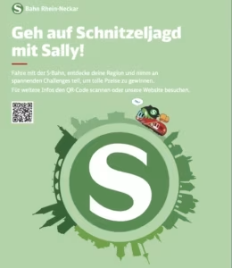 Plakat der S-Bahn Rhein-Neckar für die Schnitzeljagd mit dem Maskottchen Sally und QR-Code zur Teilnahme