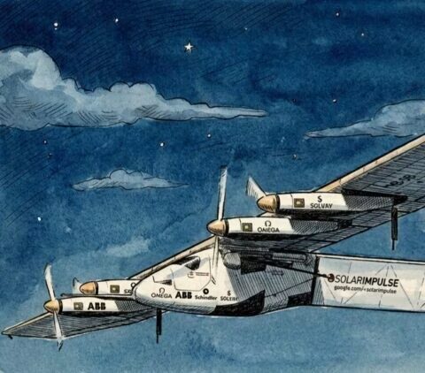 Aquarell-Illustration des Solarflugzeugs Solar Impulse im Nachtflug über den Wolken