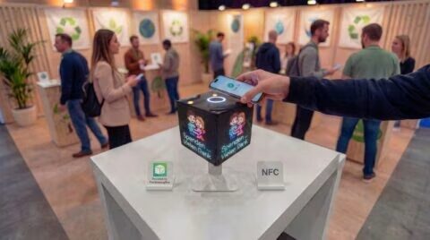 Besucher hält sein Smartphone an einen NFC-Spendenwürfel am Messestand von Tap2Give