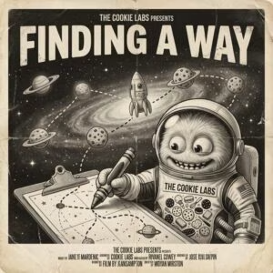 Filmplakat „Finding a Way“ – Cookie-Labs-Maskottchen navigiert mit Sternenkarte und Zirkel