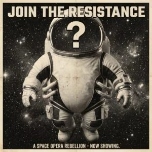 Filmplakat „Join the Resistance“ mit einem Astronautenanzug, dessen Helm ein Fragezeichen zeigt