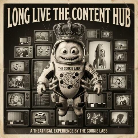 Illustriertes Filmplakat „Long Live the Content Hub“ mit dem Cookie-Labs-Maskottchen vor einer Wand aus Fernsehern