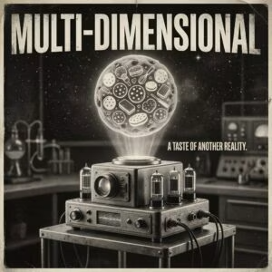Filmplakat „Multi-Dimensional“ mit einem Projektor und einer leuchtenden Cookie-Kugel