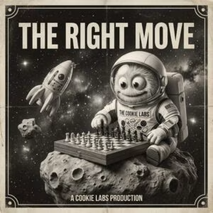 Filmplakat „The Right Move“ – Cookie-Labs-Maskottchen spielt Schach auf der Mondoberfläche