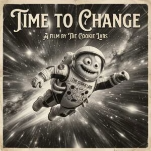 Filmplakat „Time to Change“ – Cookie-Labs-Maskottchen rennt durch einen Lichttunnel